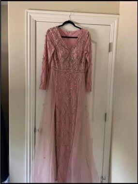 Elegant Long Sleeve Pink Embellished Evening Gown